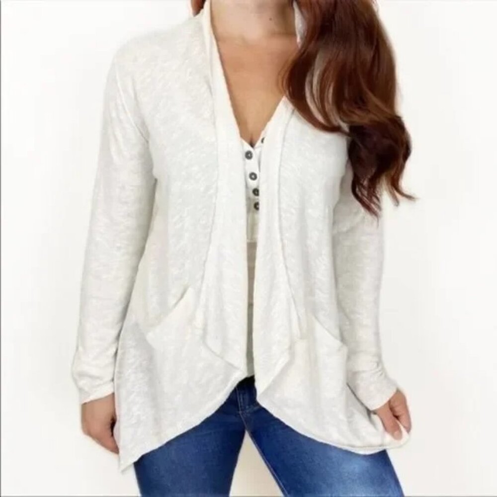 Eileen Fisher linen cardigan sweater waterfall pockets cowl neck